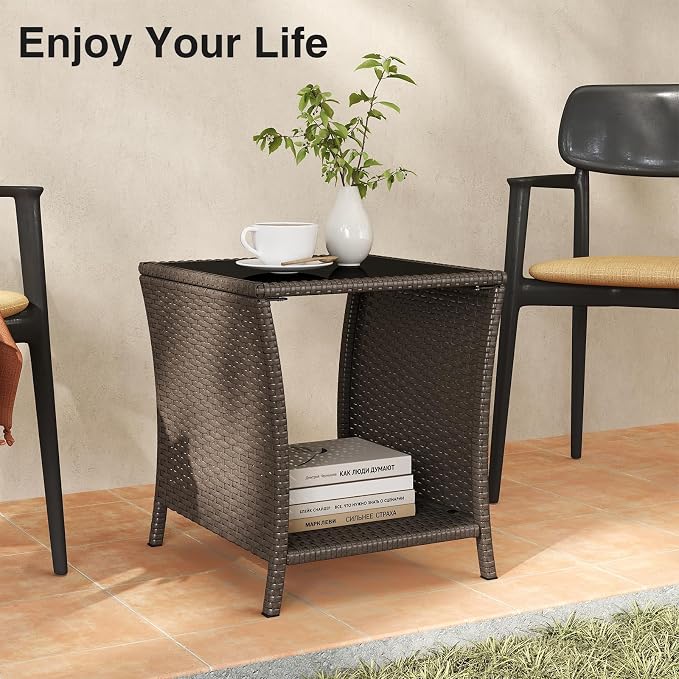 Kinfant Rattan Patio Side Table - Set of 2 Modern Wicker End Table, PE Rattan Coffee Table with Glass Top, Weather-Resistant Patio Furniture for Patio, Balcony, Garden, and Poolside (2, Sesame)