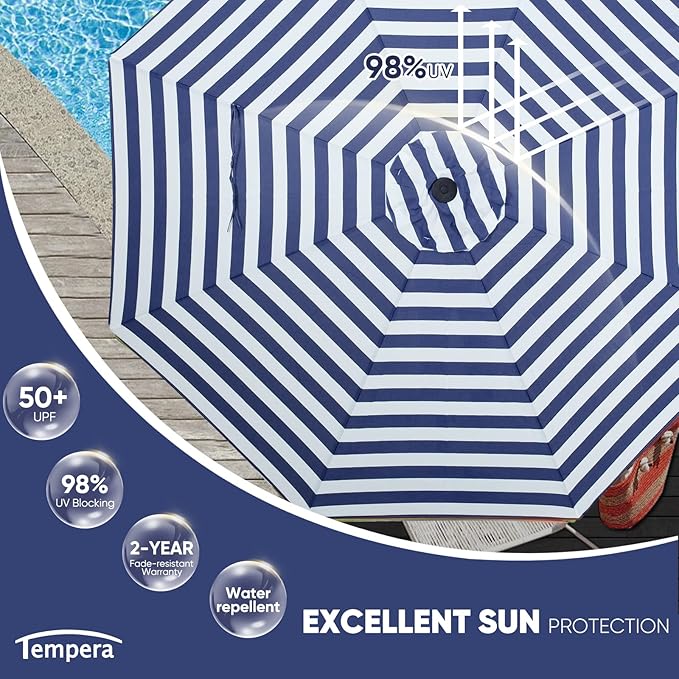 Tempera Patio Market Outdoor Table Umbrella with Push Button Tilt and Crank, Large Sun Umbrella with Sturdy Pole & Fade Resistant Canopy, Easy to Set