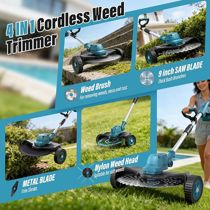 Electric String Trimmer Cordless with Wheel, 1000W Battery Powered Weed Wacker, 2x4.0Ah Batteries, Adjustable Length, 4‑in‑1 Lightweight Grass Trimmer/Brush Cutter/Weed Trimmer/Edger Tool