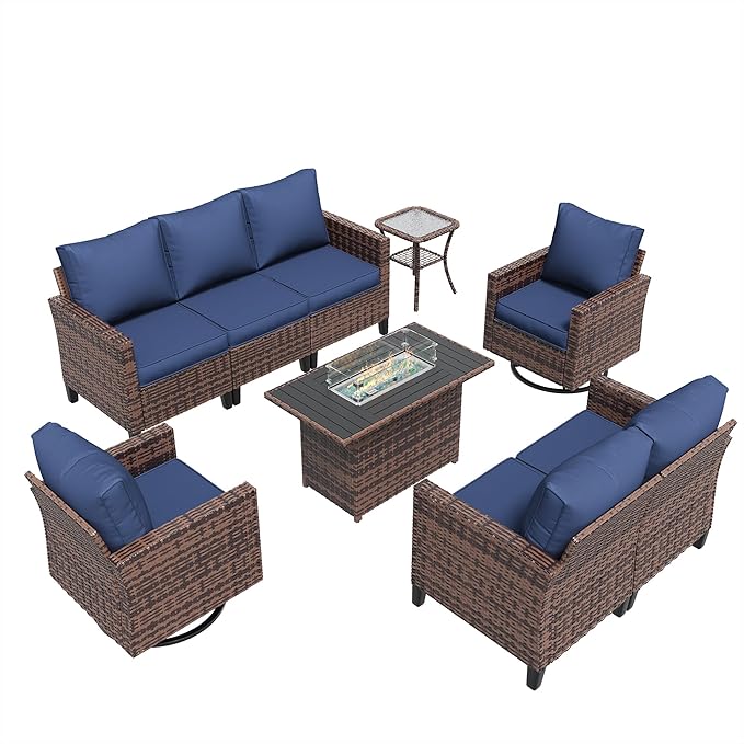 Amopatio Patio Furniture Set, 6-Piece Wicker Outdoor Sectional Sofa with Swivel Rocker Chairs, All-Weather Rattan Conversation Set with Fire Pit Table and Waterproof Cover for Backyard Brown/Navy