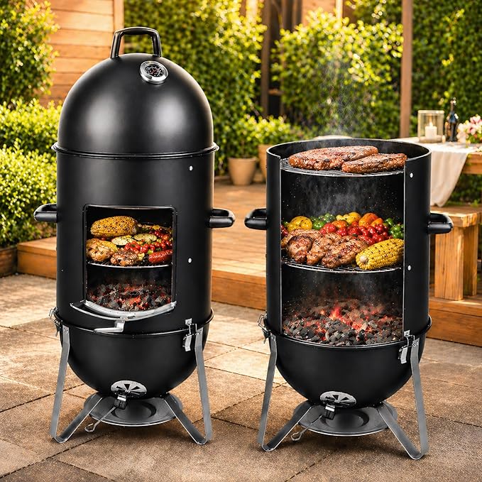 19 Inch Charcoal Smoker for Meat, Bullet Smoker, Vertical Smoker Grill for Backyard and Patio BBQ | 3-Layer Cooking Space with Built-In Thermometer and Dual Air Vents | Front Access Door and Ash Tray