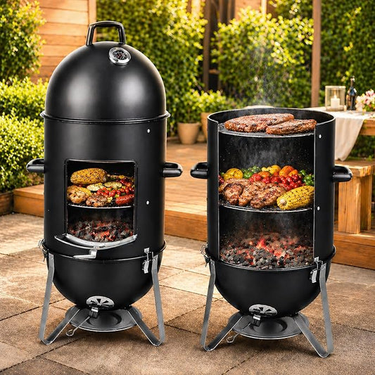 19 Inch Charcoal Smoker for Meat, Bullet Smoker, Vertical Smoker Grill for Backyard and Patio BBQ | 3-Layer Cooking Space with Built-In Thermometer and Dual Air Vents | Front Access Door and Ash Tray