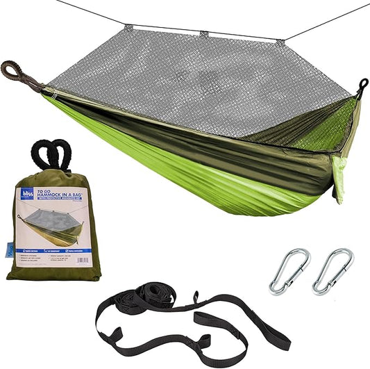 Bliss Hammocks BH-406XLS-N-FG Hammock in a Bag w/ Mosquito Net & Adjustable Tree Straps, 54-in. Wide, Weather & UV Resistant, 350 Lb. Capacity (Forest Green)