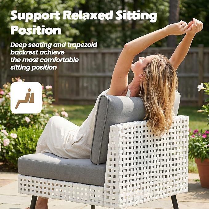 Vikiullf Patio Sectional Sofa Set, White Wicker Outdoor Furniture with 4" High-Density Cushions, Deep Seating Conversation Set with Coffee Table (8-Pieces)