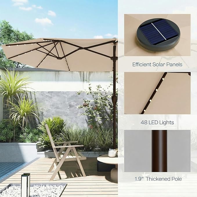 15ft Large Patio Umbrella with Solar Lights and Base, Double-Sided Outdoor Rectangle Umbrella with 48 LED Lights, Market Table Umbrellas with UV Resistant Canopy