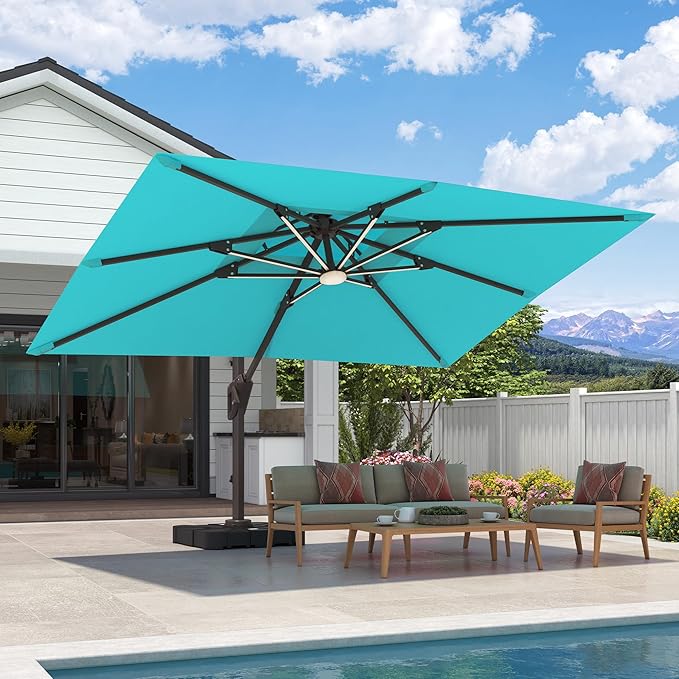 9x12 FT Cantilever Patio Umbrella with Base and Led Lights Double Top Outdoor Rectangular Large Heavy Duty Aluminum Offset Umbrellas with 7 Level Tilt 360-degree Rotation for Pool Garden Deck, Turquoise