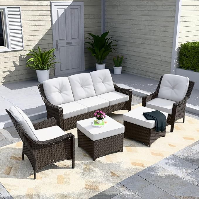 Stone Creek Outdoor Furniture Set with Patio Chairs, 3 Seater Couch & Ottomans, Wicker Patio Conversation Set, Balcony Furniture, 5 Piece, Brown/Beige