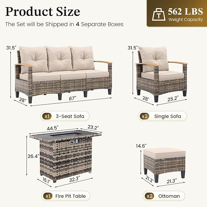 UDPATIO Patio Furniture Set with Fire Pit Table, 6 Pieces Outdoor Wicker Conversation Set for Lawn, Porch, Garden, Backyard, Khaki