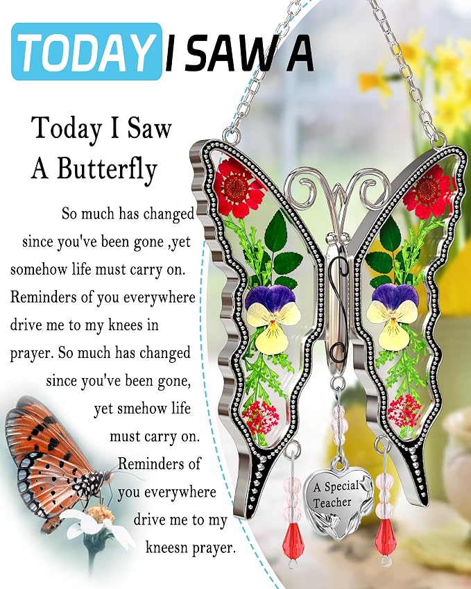 KY&BOSAM Butterfly Suncatcher A Special Teacher Stain Glass Suncatchers for Window Hanging Wind Chime Preserved Flower Wings in Glass and Heart Charm Gift for Teacher Appreciation Graduation Gifts