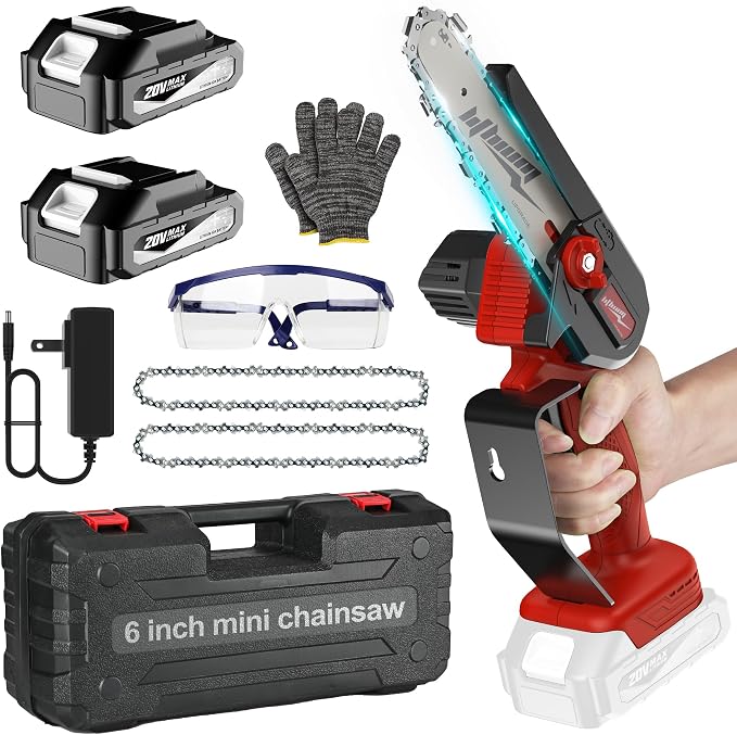 Fostex Mini Chainsaw Cordless, 6 Inch Handheld Electric Chain Saw, 2×2 Ah Batteries & 2 Chains, Lightweight Small Tree Trimmer for Wood Cutting, Yard & Garden, Ideal Gift for Dad, Men & Women (Red)