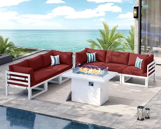 NICESOUL 6 People Large Luxury Aluminum Patio Conversation Set with Fire Pit Table Propane/Gas, 29" Deep Wide U Shaped Sectional Couch, 500 lbs Heavy Duty All Weather Outdoor Sofa for Backyard, Red