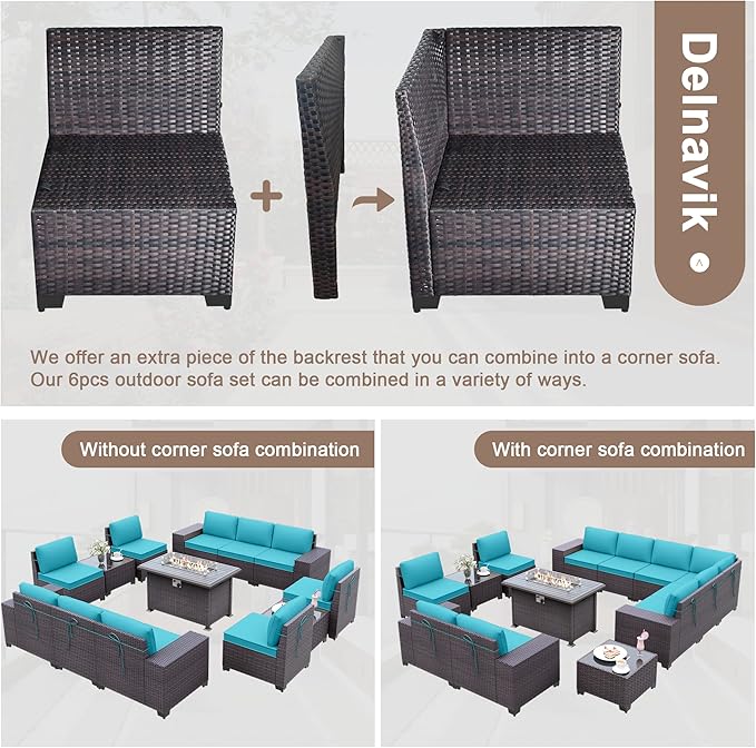 Patio Furniture Sectional Sofa Set 13PCS PE Rattan Patio Conversation Set w/43in Gas Fire Pit Table, Outdoor Furniture with 55000 BTU Propane Fire Pit, Blue