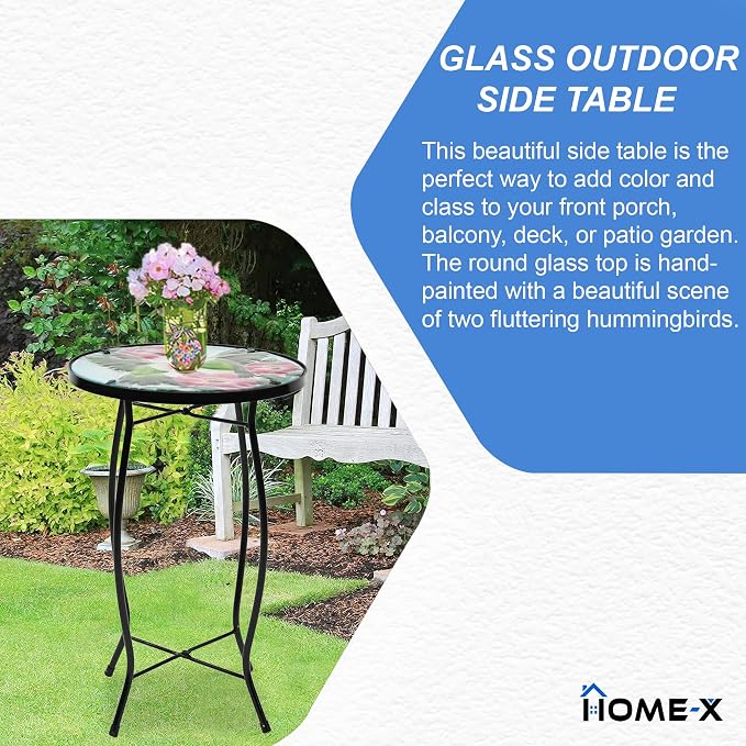 Home-X Hummingbird Glass Side Table with Iron Stand, Hand-Painted Accent Table and Patio Decor, Metal and Glass Table for Garden or Front Porch, 17 ¾ " L x 11 ¾ " D