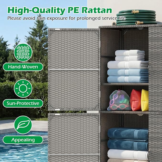 Tangkula Rattan Outdoor Storage Cabinet, Patiojoy Outdoor Cabinet with 2 Adjustable Shelves, 4 Doors, Patio Storage Deck Box Table for Patio Garden Poolside