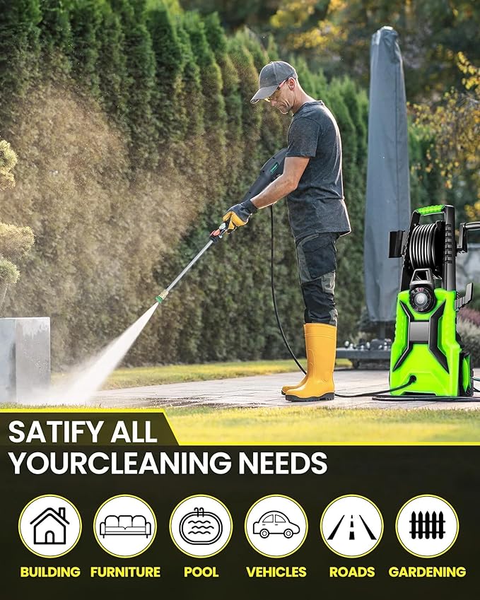5000PSI Electric Pressure Washer, 2500-5000 PSI Adjustable Power Washer with 33ft Hose Reel, 4 Nozzles & Detergent Tank for Cars/Home/Driveways, Green