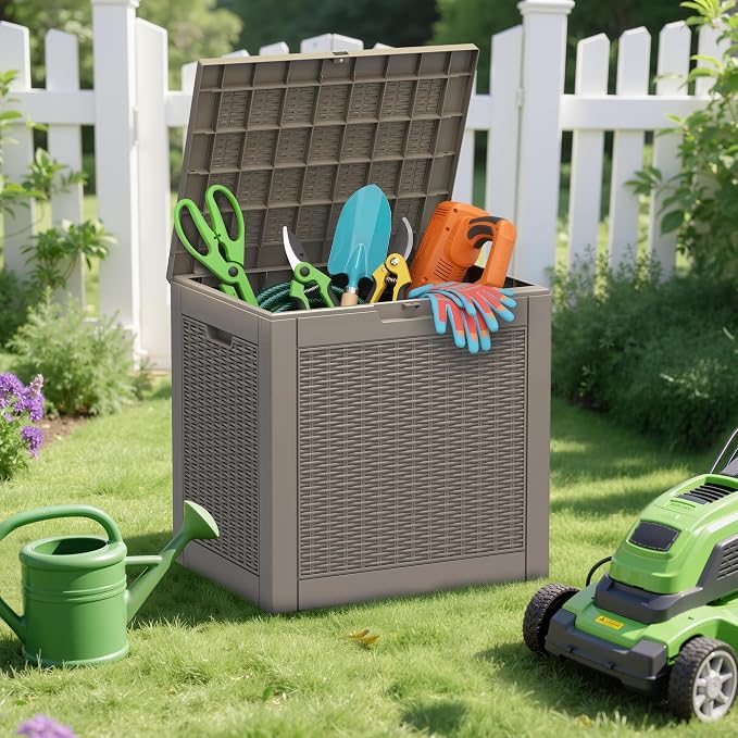 Outdoor Storage Box, 31 Gallon Deck Box with Lockable Lid, Waterproof Resin Storage Bin for Patio Furniture, Garden Tools, Cushions, Grey