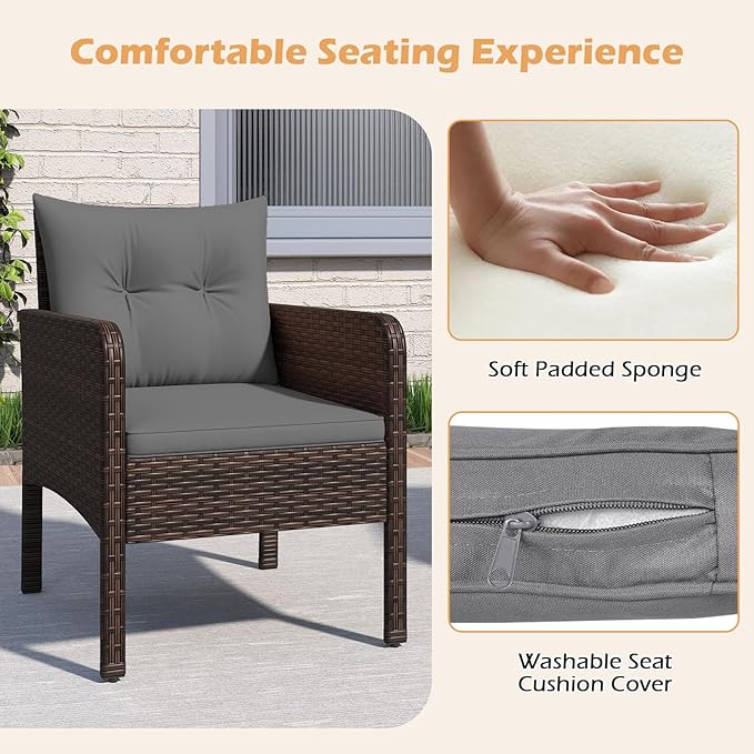 Tangkula 3 Pieces Patio PE Wicker Furniture Set, Outdoor Bistro Conversation Set with Cushions and Tempered Glass Coffee Table, Outside Rattan Table and Chairs for Porch (Gray)