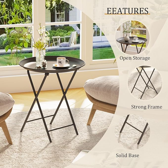 Garden 4 you Folding TV Tray Table, Metal Round Side Table, Black Dinner Table with Metal Frame, Modern Outdoor Tray Table for Living Room, Bedroom, Patio & Small Spaces, 2 Packs