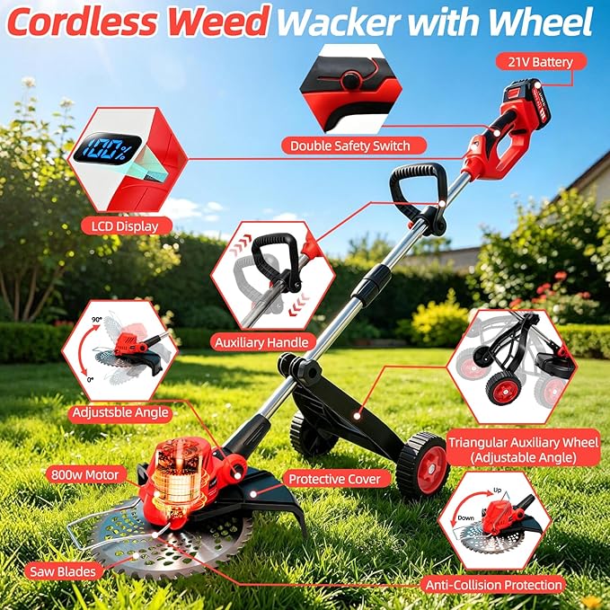 Electric Weed Wacker with Wheel, 3-in-1 Brushless Brush Cutter/String Trimmer/Grass Trimmer/Lawn Mower, 12" Cordless Weed Eater Battery Powered, 2 * 4000mAh Battery, 4 Blade and Charger