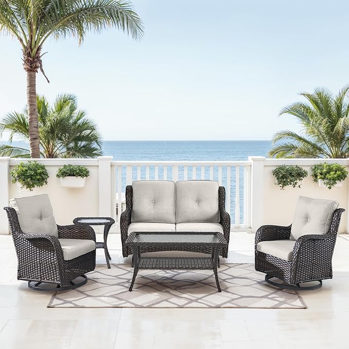 Patio Loveseat Glider Set, Resin Wicker Loveseat Glider with 2 Swivel Patio Chiars Coffee Table and Side Table, 5 Piece Patio Furniture Loveseat Set, Brown Wicker|Beige Cushions