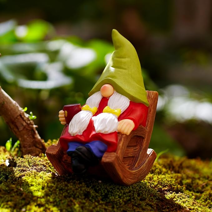 Solar Powered Relax Garden Gnome Statue, Rocking Chair Gnome 6.5“ with Glowing LED Nose & Coffee Cup, Hand Painted Resin Outdoor Indoor Decor Ornament for Patio Lawn Yard Home, Calming Novelty Gift