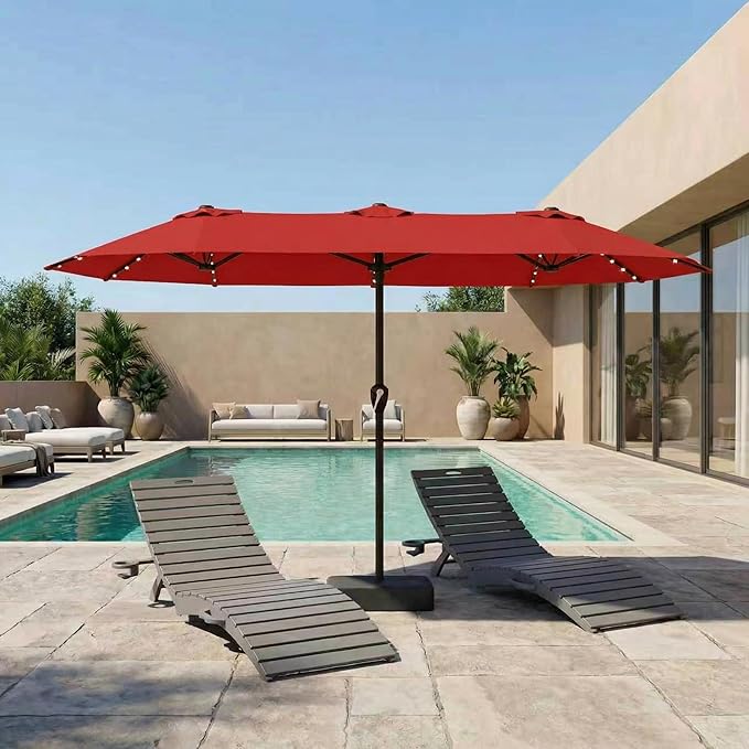 15FT Patio Umbrella with Solar Lights, Double-Sided Extra Large Outdoor Table Umbrella with Base Included, Heavy-Duty 12 Iron Ribs Market Umbrella for Garden, Pool, Backyard, Red