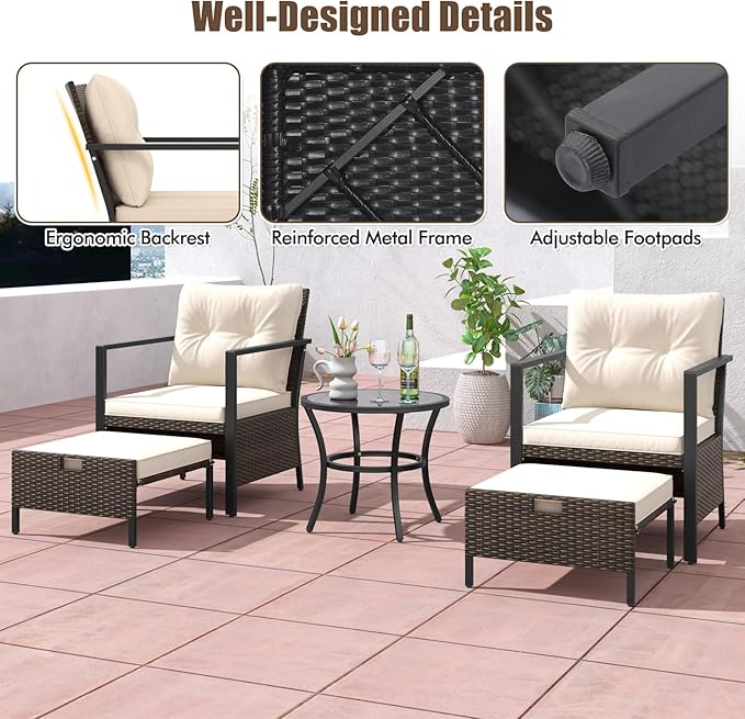 Tangkula 5 Piece Outdoor Furniture Set, Rattan Chairs & Ottomans w/Round Glass Topped Coffee Table, Space Saving Cushioned Patio Conversation Set for Backyard, Poolside (Off White)