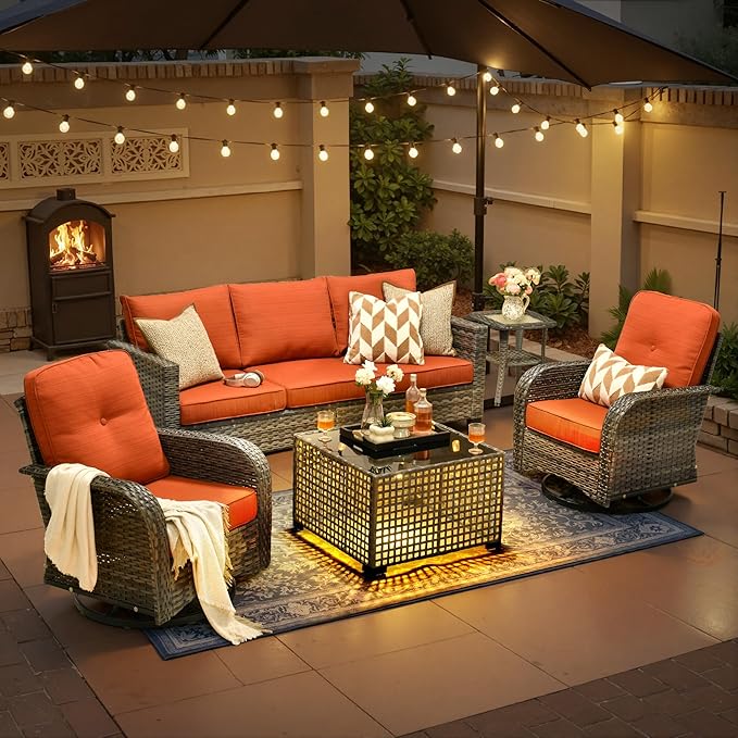 Patio Furniture, All Weather Wicker 6 PCS Outdoor Sofa with High Back Swivel Rocker Chairs, Conversation Set with Solar Light Coffee Table,Light Rattan Red Cushion