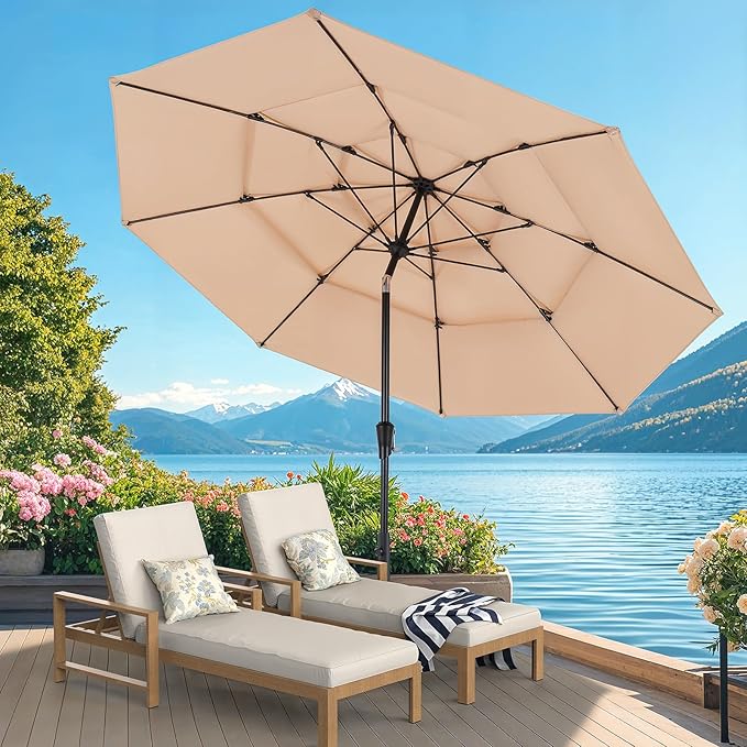 10 FT Patio Umbrella, 3 Tier Outdoor Table Umbrella with 8 Sturdy Glass Fiber Ribs and Push Button Tilt, Outdoor Patio Umbrellas for Market Pool Garden Backyard, 1.5" Pole, Champagne (No Base)