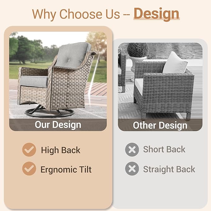 HOOOWOOO Patio Furniture Set,7 Pieces Wicker Outdoor Furniture,High Back Conversation Set with All Weather Resistant Fire Pit Table Couch Swivel Chairs Ottomans,Dark Gray