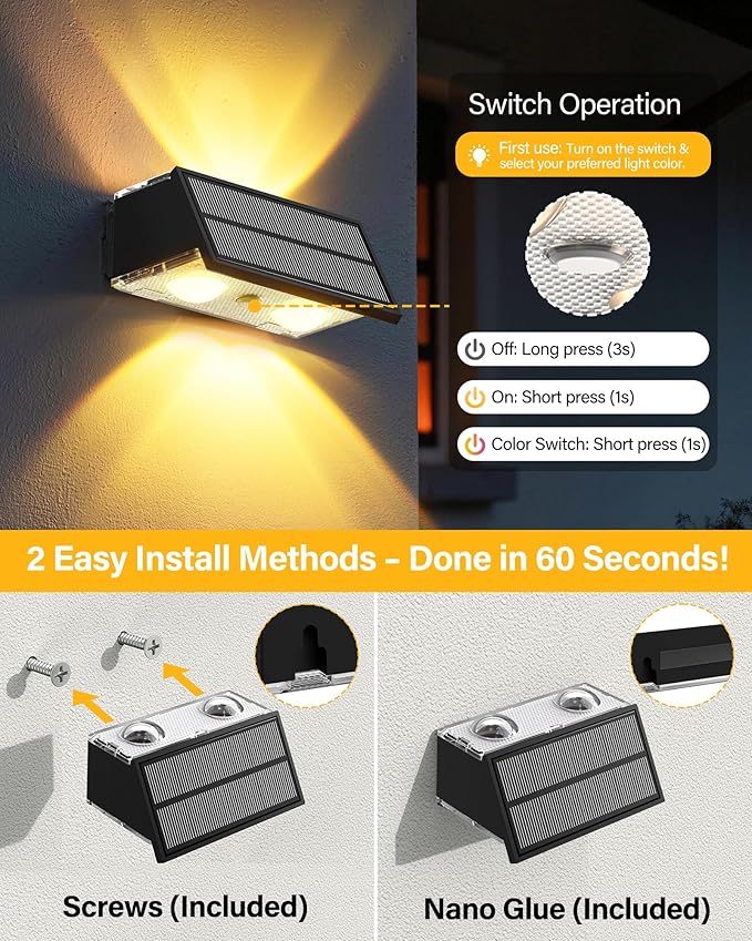 Solar Fence Lights Outdoor, 12 Pack 100LM Fence Lights Solar Powered Waterproof, 9 Color Modes, Up & Down LED Focused Beam, 12H Dusk to Dawn Glow for Pool/Patio/Wall/Backyard - Black