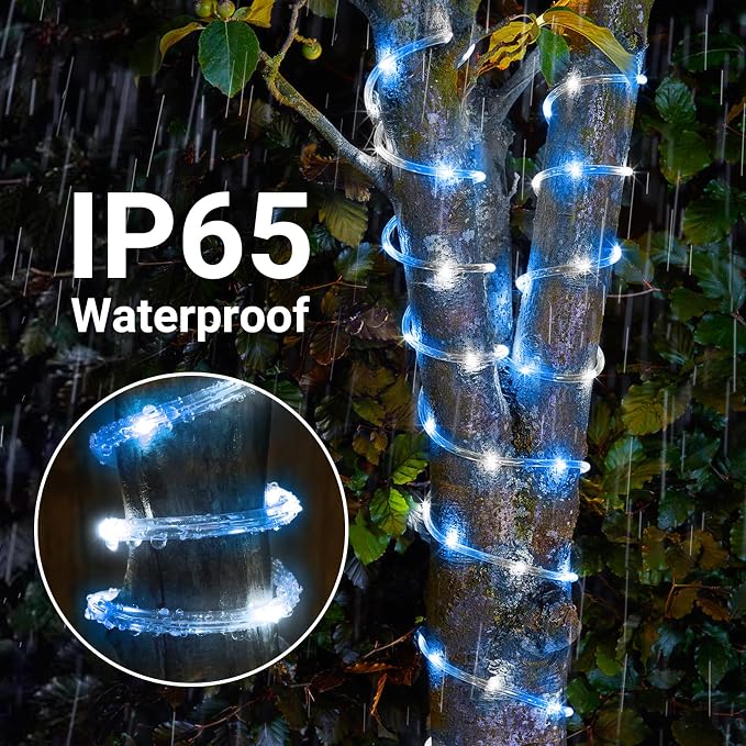 Jnaurb Solar Rope Lights, 66ft 200LED Solar String Lights, 8 Modes Waterproof Solar Outdoor Light, Flexible Clear Trampoline Light for Garden Backyard Patio Deck Porch Pool Tree Decor - White & Blue