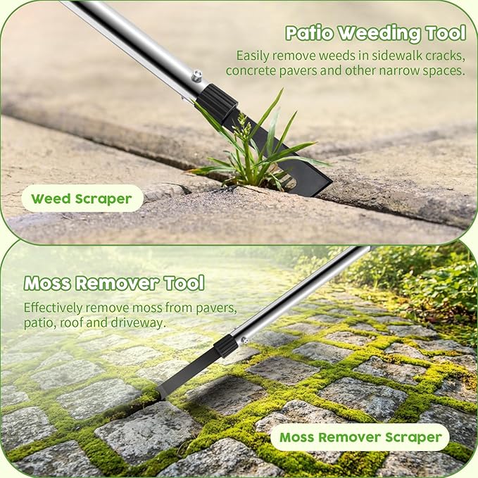Crack Weeder Tool Set, Weed Scraper Tool Moss Brush Scraper Set Combo, 60" Crevice Weeding Tool for Sidewalk Cracks, 3 Different Weed Remover Tool Heads for Driveways, Patios, Pavers, Garden Cracks