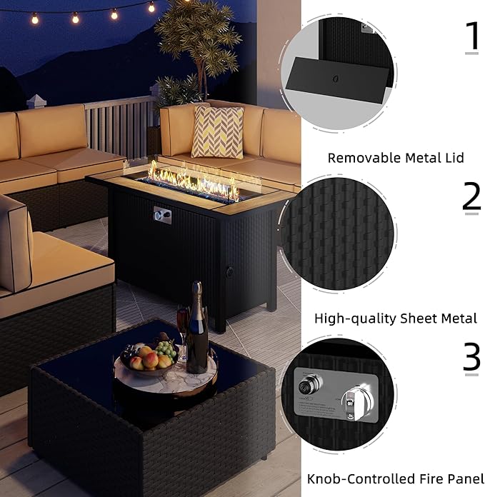 JAMFLY 8 Piece Outdoor Patio Furniture Set with Propane Fire Pit Table, All-Weather PE Wicker Rattan Sectional Sofa Set with Thick Cushions for Backyard, Garden, Poolside(Khaki, Black)