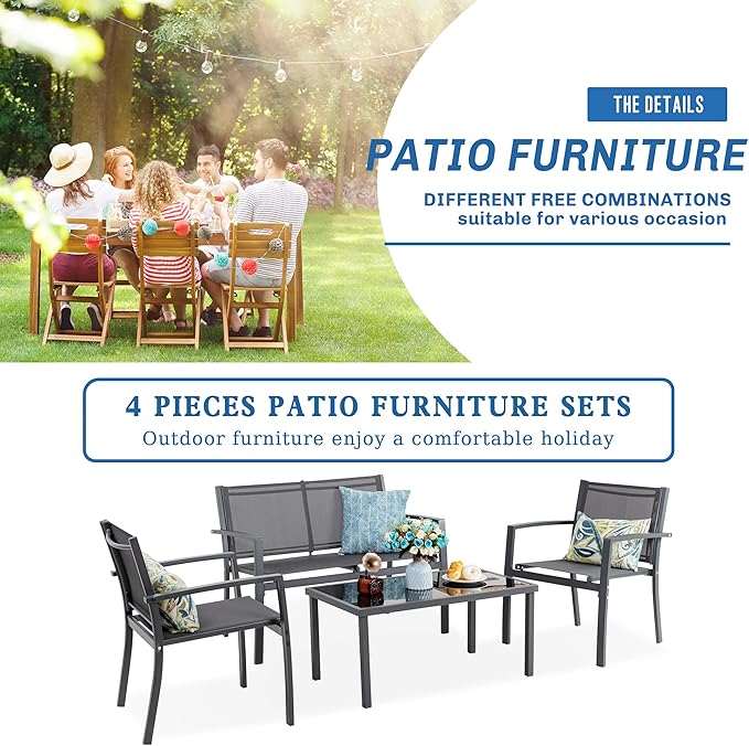 Vongrasig 4 Pieces Patio Furniture Sets, Small Modern Metal Textilene Outdoor Furniture Conversation Sets, Lawn Garden Porch Balcony Mesh Bistro Set Backyard Patio Set w/Loveseat&Glass Table (Grey)