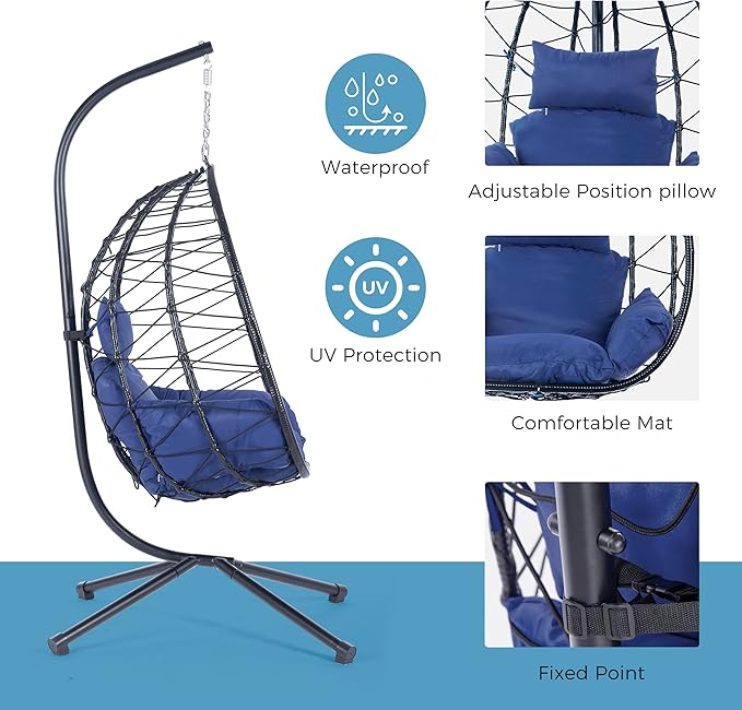 Hanging Egg Chair with Stand, Comfy Indoor/Outdoor Rattan Swing Hammock Chairs, 350lbs Capacity for Patio, Bedroom, Garden (Navy Blue)