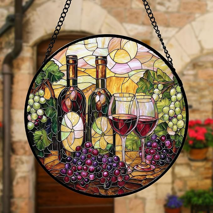 DASTOLL Stained Glass Window Hanging, Grapes and Wine Suncatcher Diamond Glass Panel Hangings Sun Catchers Decor for Birthday for Women, Men, Wife, Aunt, and Mom 7.8 in