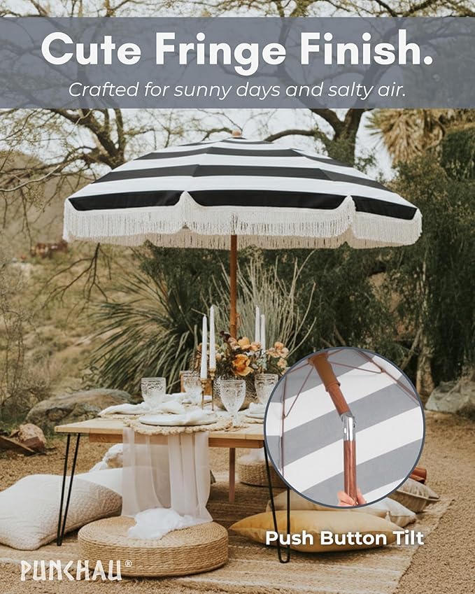 6 Ft Fringe Patio Umbrella - Outdoor Umbrella for Patio, Pool, Table, Garden, Deck, Beach, and Outdoors - Fashionable Boho Vintage Tassels & Wood Print - Push Button Tilt Pole