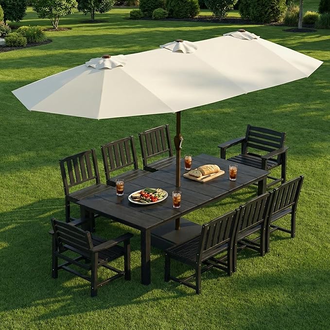 HDPE Outdoor Dining Set for 8, 9-Piece Outdoor Dining Table Set with 15FT Patio Umbrella, Patio Table and Chairs Set with Aluminum Frame & Legs (Black)