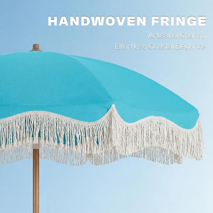 7ft Patio Umbrella with Fringe, Boho Beach Umbrellas, Outdoor Tassels Umbrellas with Push Button Tilt & Carrying Bag, 8 Windproof Fiberglass Ribs, UPF50+