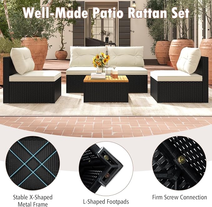 Tangkula 5 Pieces Wicker Patio Furniture Set, Outdoor 4 Armless Rattan Sofa & Coffee Table Set, with Cushions, Acacia Wood Tabletop, Sectional Patio Conversation Set for Lawn, Yard, Poolside