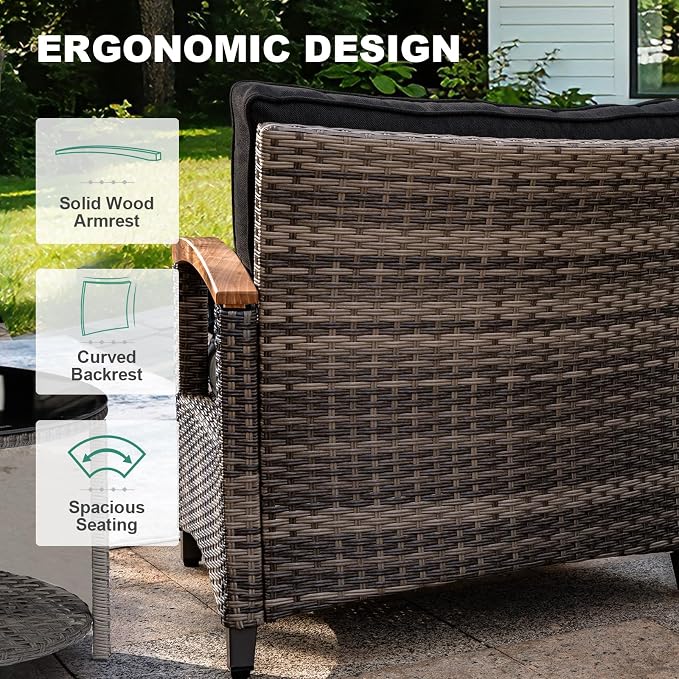 MEISSALIVVE 8-Piece Half-Moon Curved Outdoor Patio Furniture Set, Sectional Conversation Sofa with 2 Half-Moon Ottomans, Coffee & Side Tables for Backyard Deck Garden, Black