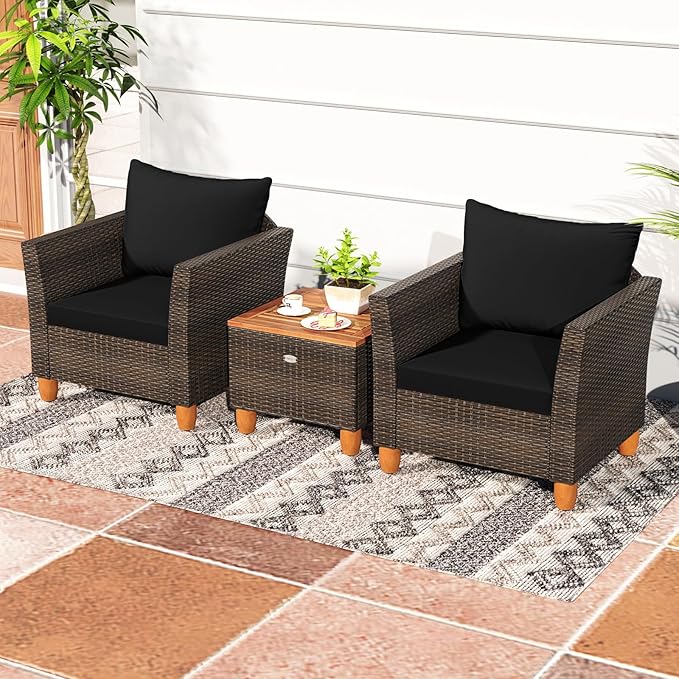 HAPPYGRILL 3-Piece Patio Conversation Furniture Set Outdoor Wicker Sofa Set with Soft Cushions & Coffee Table for Balcony Backyard Porch