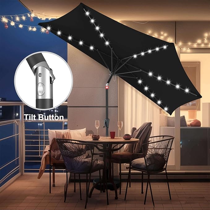 9FT Solar Half Umbrellas Outdoor - LED Half Patio Umbrella with 25 Lights, UV Protection Waterproof, Half Round Umbrella for Wall Balcony, Pool, Porch, Garden, Deck, Backyard, Black