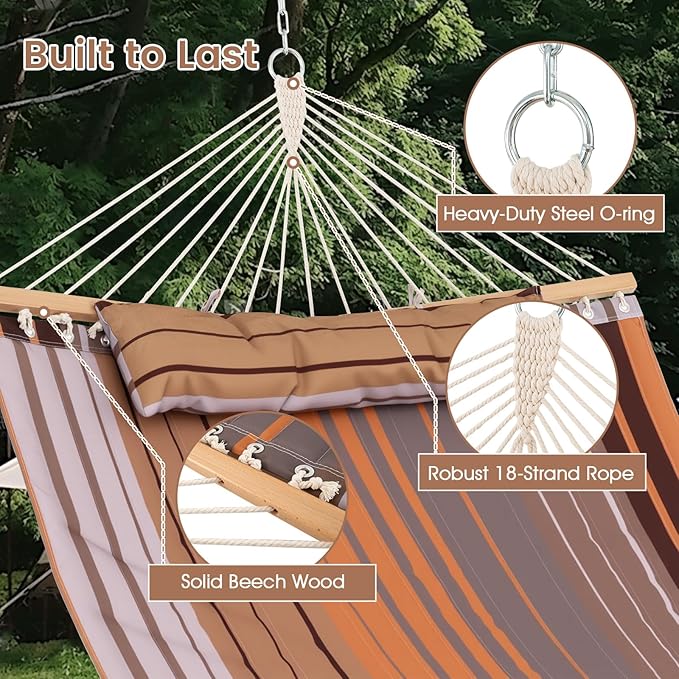 Giantex Hammock Swing Camping Hammock for Stand with Spreader Bar, Detachable Pillow, Hand Woven Cotton Ropes, Outdoor Hammocks for Patio, Backyard, Poolside(Hammock Without Stand) (Coffee)