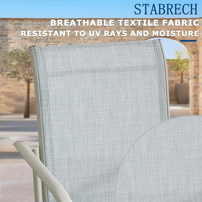 9 Pieces Patio Dining Set for 8, Beige Blue Patio Stackable Chairs and Black Round Table Set of 8, Outdoor Furniture Set with Sling Support for Outside, Garden
