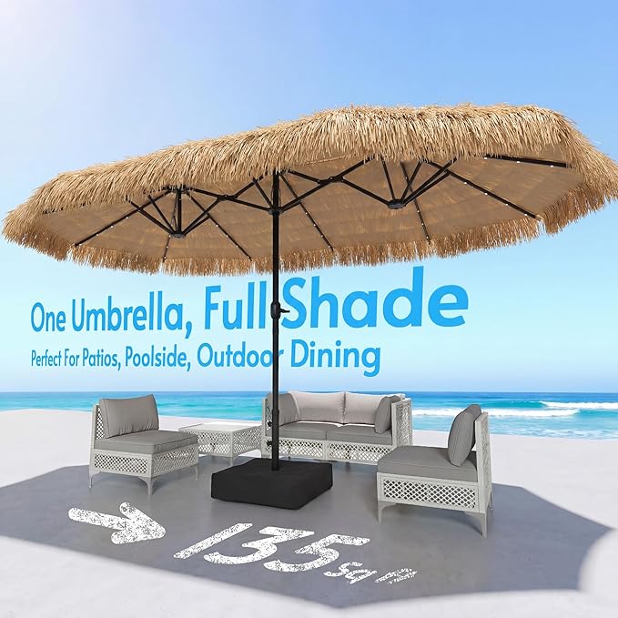 15ft Double-Sided Patio Umbrella with Solar Lights and Base Included, Large Patio Umbrella with 48 LED Dual-Color Lights, 135 Sq Ft Shade Area Patio Table Umbrella for Pool, Outddor, Deck (Tiki Hawaii)