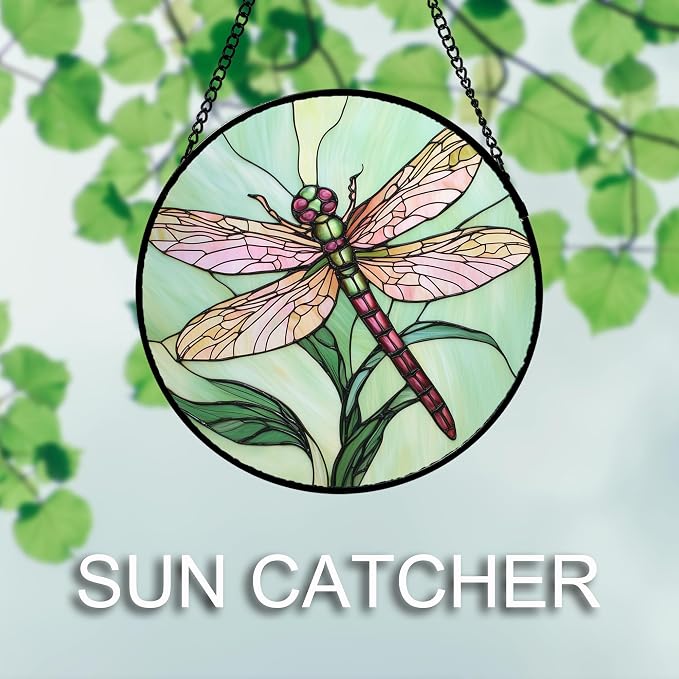 DASTOLL Stained Glass Window Hanging 4 Pcs Set Pink Green Insect Theme Large 15" - Butterfly Suncatcher Door Garden Sun Catcher Decor Birthday Christmas for Mom Woman Nana Men