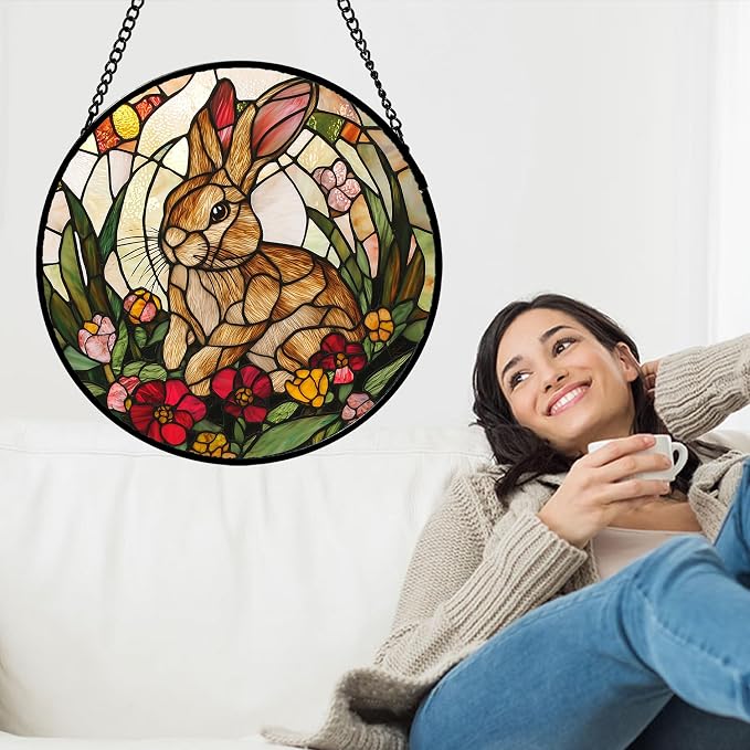Stained Glass Window Hanging, Cute Bunny Flowers Sun Catcher for Window Door Home Decor, Rabbit Suncatcher Christmas Mother's Day Birthday Gifts for Women Men Mom and Nana 15 in