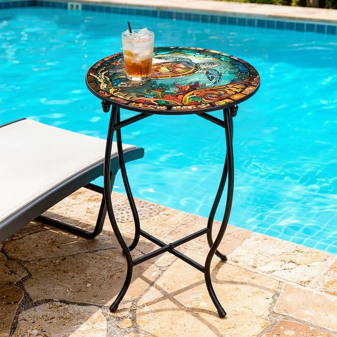 Metal Round Side Table, 14" Diameter Indoor Outdoor Side Table, Weather Resistant Patio Table for Porch Yard Balcony, Easy Assembly